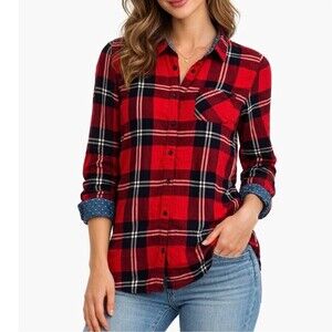 Harper red/Navy/white flannel Plaid Button-Up Shirt cuff/roll tab sleeve SZ SM